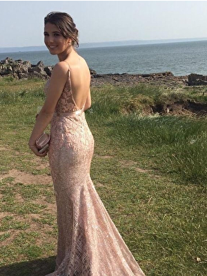 Jovani rose gold open back prom gown 